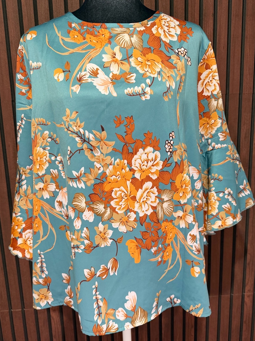 Peach Love Teal Floral Bell Sleeve Blouse Top Women’s Large Boho